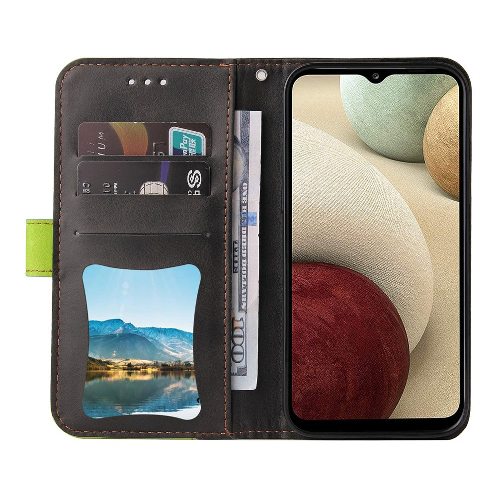 Tvåfärgad skarvningsdesign PU-läder plånboksfodral med handledsrem för Samsung Galaxy A12/M12/F12