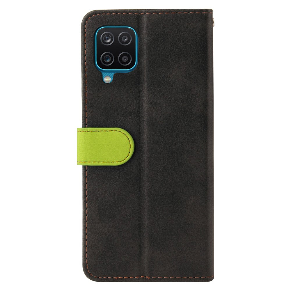 Tvåfärgad skarvningsdesign PU-läder plånboksfodral med handledsrem för Samsung Galaxy A12/M12/F12