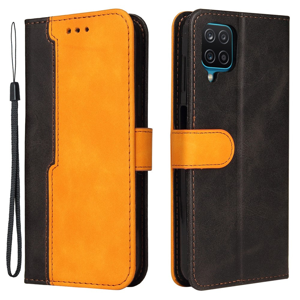 Tvåfärgad skarvningsdesign PU-läder plånboksfodral med handledsrem för Samsung Galaxy A12/M12/F12