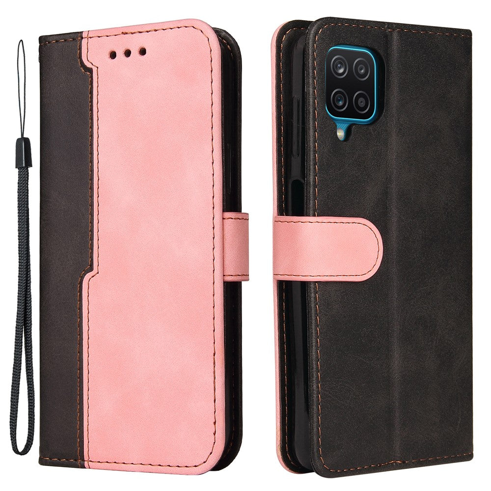 Tvåfärgad skarvningsdesign PU-läder plånboksfodral med handledsrem för Samsung Galaxy A12/M12/F12