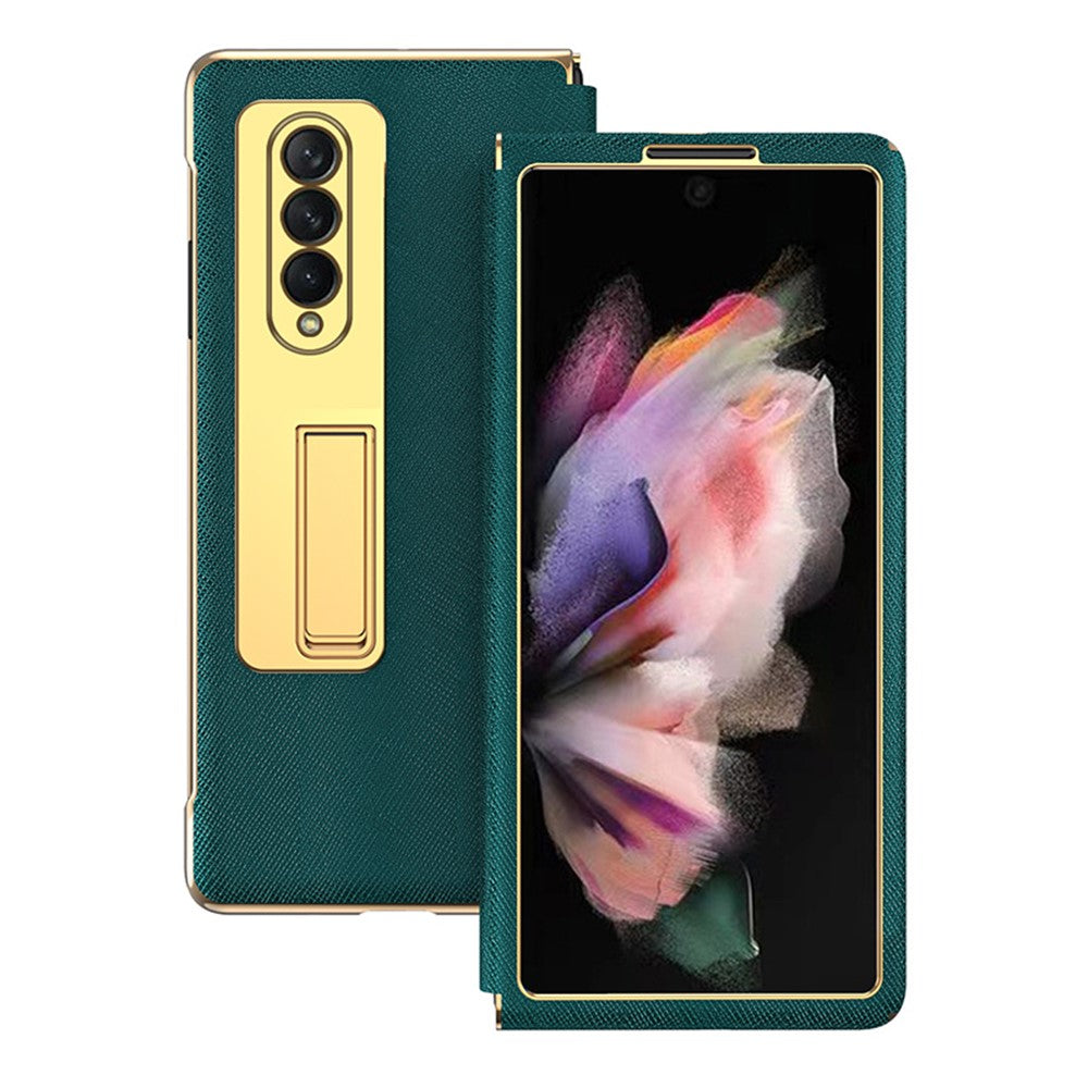 Leather Coated PC with Electroplating Frame Folding Phone Case Cover with Kickstand for Samsung Galaxy Z Fold3 5G