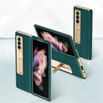 Leather Coated PC with Electroplating Frame Folding Phone Case Cover with Kickstand for Samsung Galaxy Z Fold3 5G