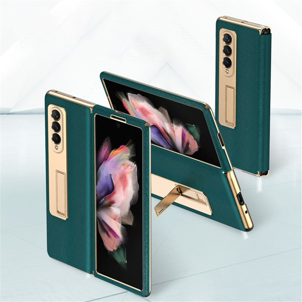 Leather Coated PC with Electroplating Frame Folding Phone Case Cover with Kickstand for Samsung Galaxy Z Fold3 5G