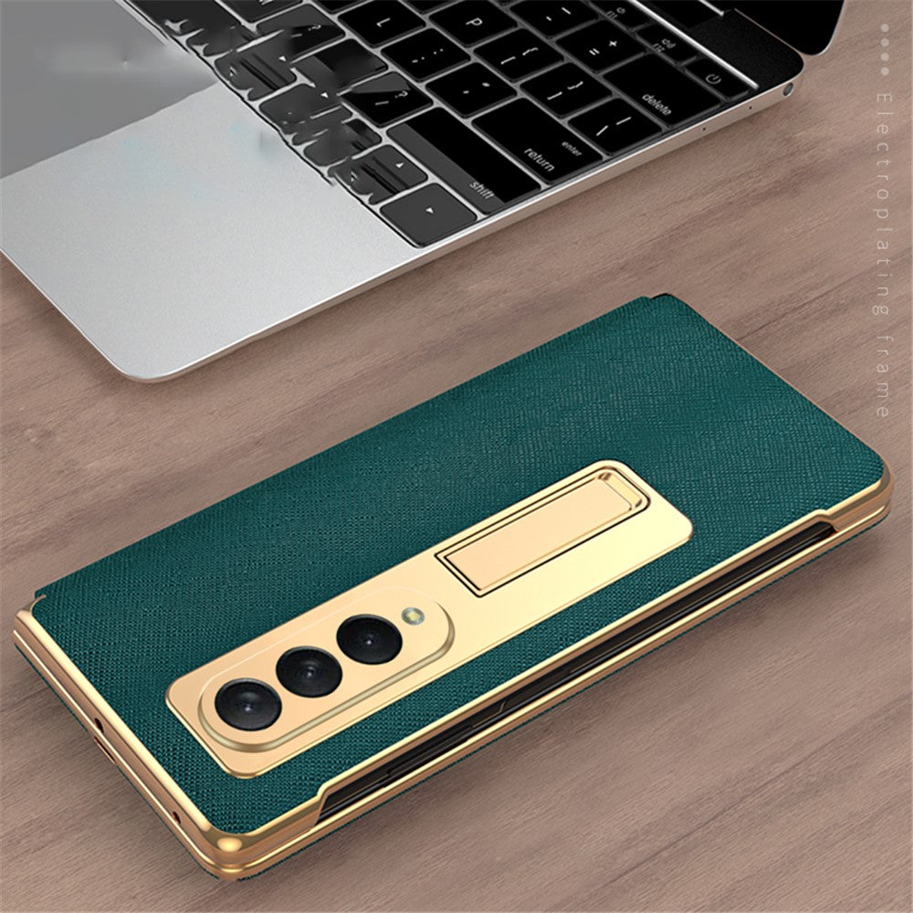 Leather Coated PC with Electroplating Frame Folding Phone Case Cover with Kickstand for Samsung Galaxy Z Fold3 5G