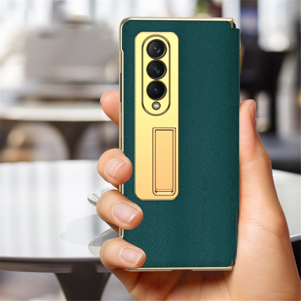 Leather Coated PC with Electroplating Frame Folding Phone Case Cover with Kickstand for Samsung Galaxy Z Fold3 5G