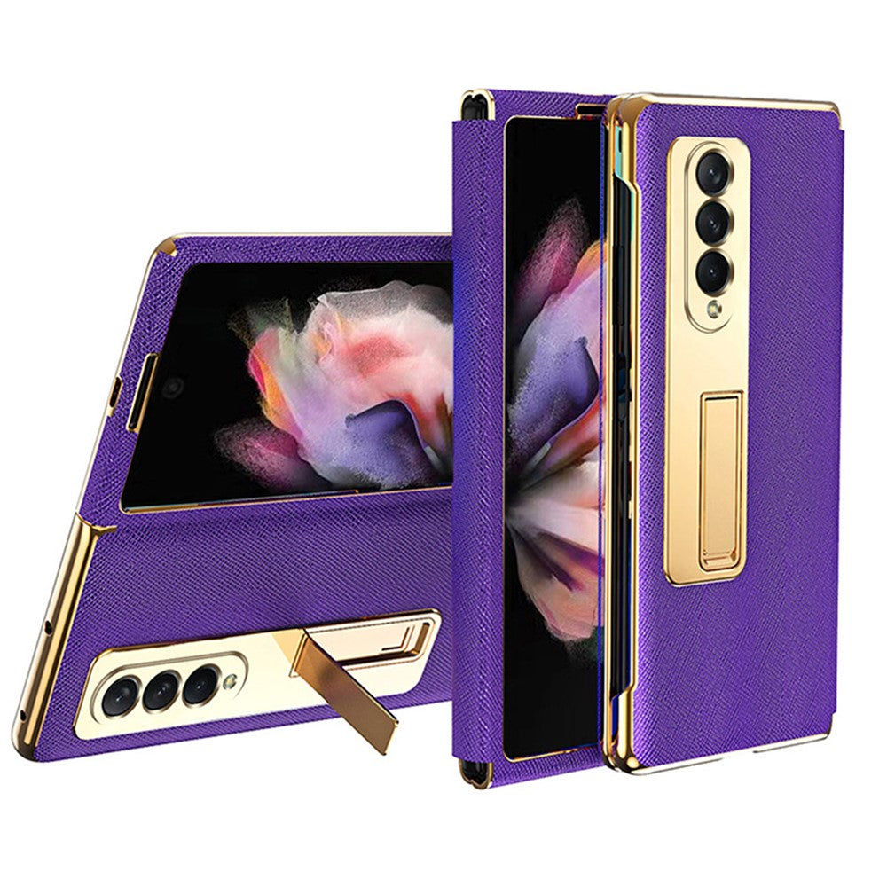 Leather Coated PC with Electroplating Frame Folding Phone Case Cover with Kickstand for Samsung Galaxy Z Fold3 5G