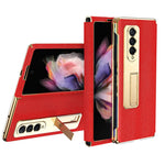 Leather Coated PC with Electroplating Frame Folding Phone Case Cover with Kickstand for Samsung Galaxy Z Fold3 5G