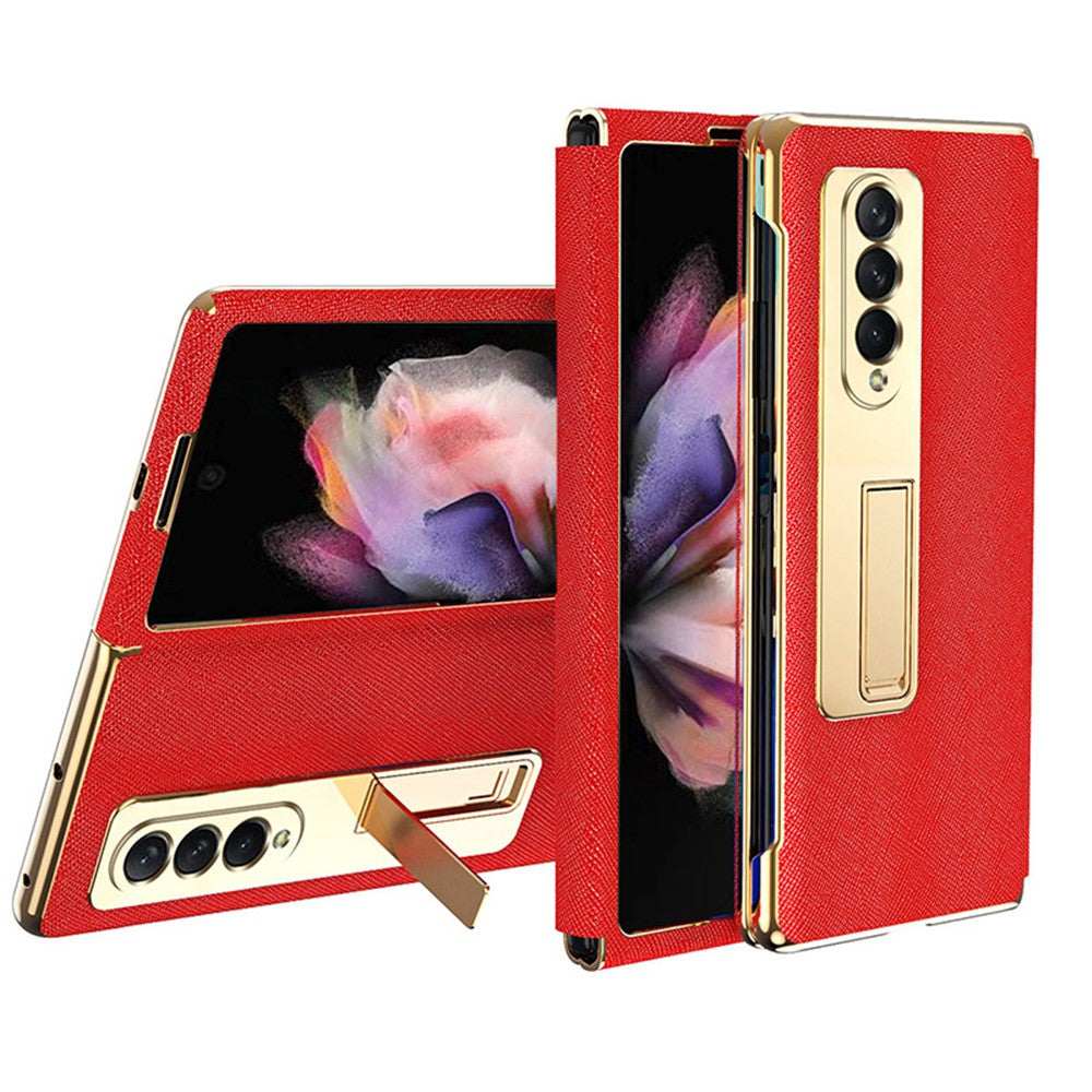 Leather Coated PC with Electroplating Frame Folding Phone Case Cover with Kickstand for Samsung Galaxy Z Fold3 5G