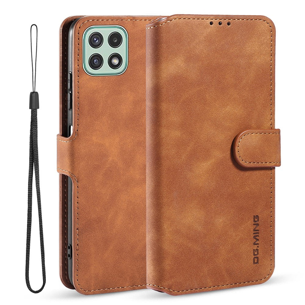 DG.MING Retro Style Leather Folio Flip Wallet Stand Cover with Strap for Samsung Galaxy A22 5G (EU Version)