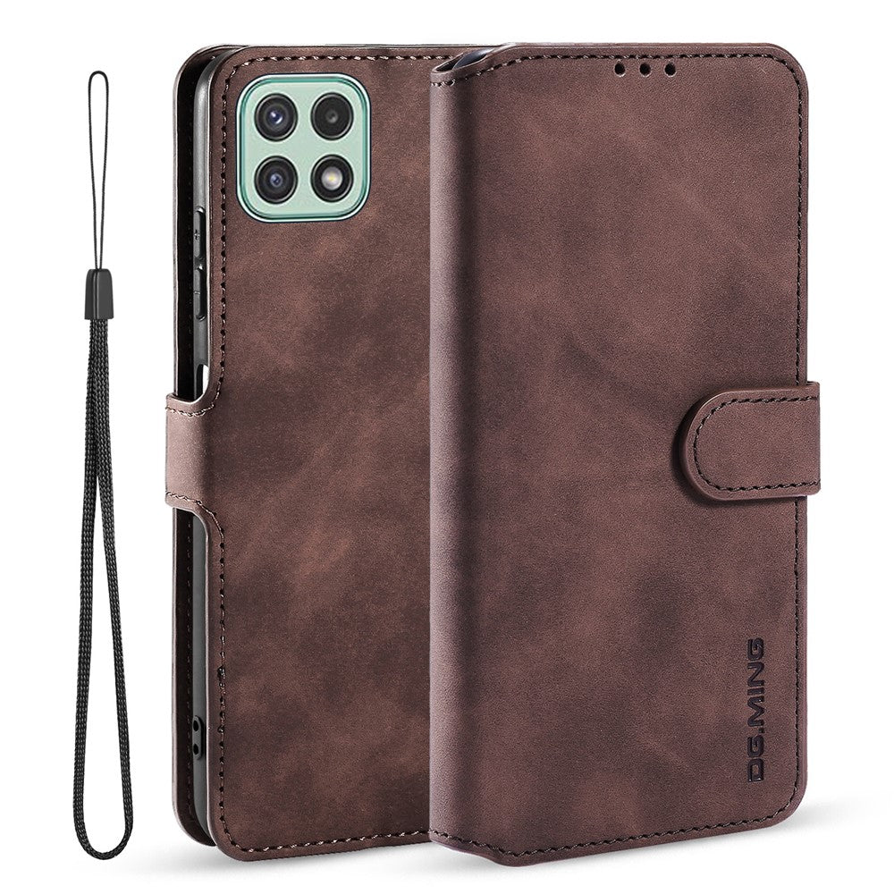 DG.MING Retro Style Leather Folio Flip Wallet Stand Cover with Strap for Samsung Galaxy A22 5G (EU Version)