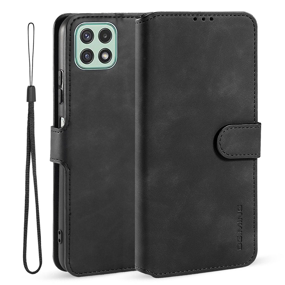 DG.MING Retro Style Leather Folio Flip Wallet Stand Cover with Strap for Samsung Galaxy A22 5G (EU Version)