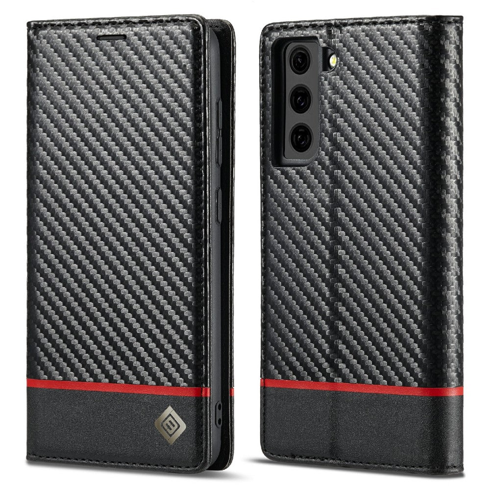 LC.IMEEKE Läderfodral med självabsorberande magnetisk stängningssystem, kolfibermönster, mobilfodral med plånbok för Samsung Galaxy S21 5G/4G