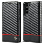 LC.IMEEKE Selvsugende Magnetisk Lukkesystem Læder Etui Karbonfiber Mønster Telefonetui med Pung til Samsung Galaxy S21 5G/4G