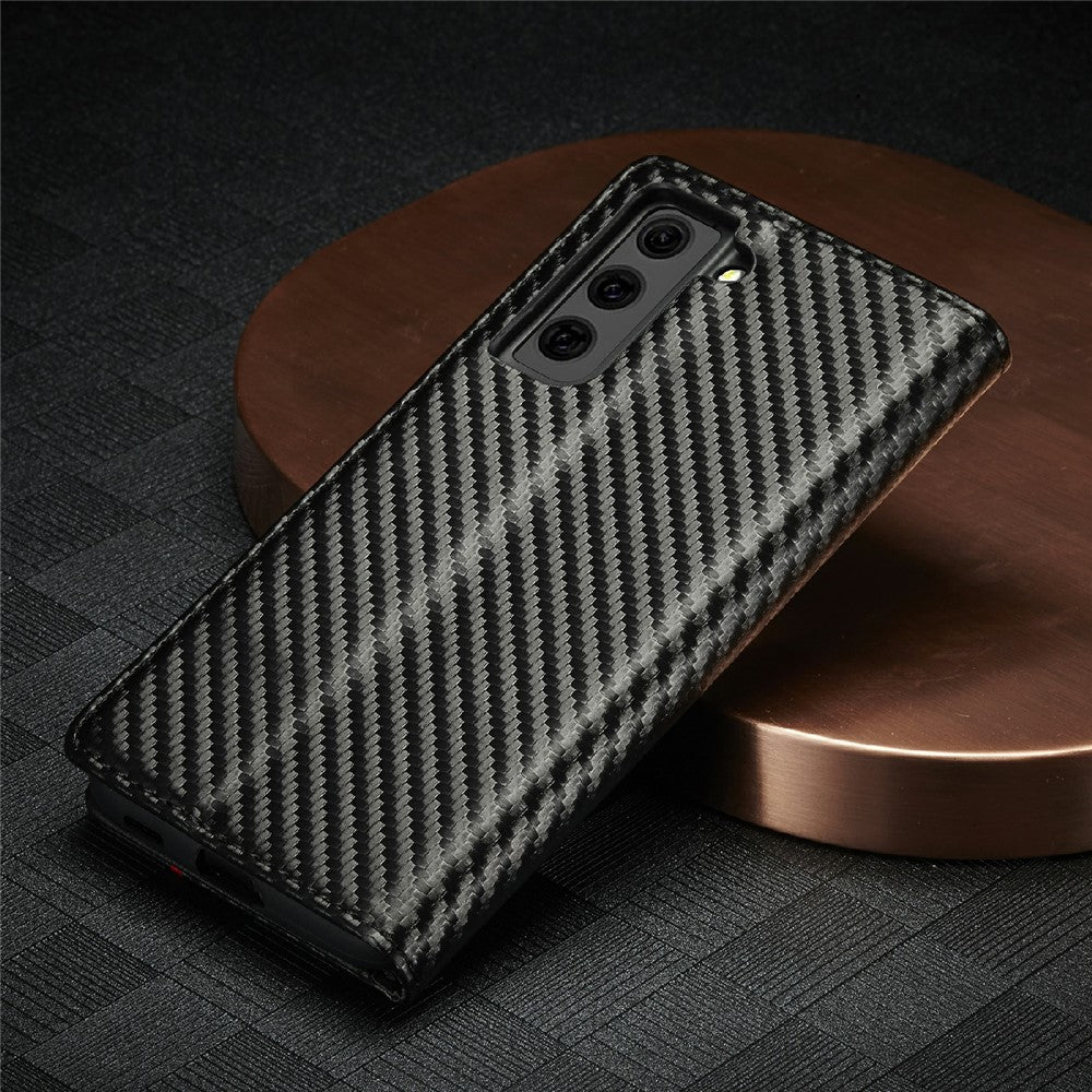 LC.IMEEKE Leather Case Carbon Fiber Pattern Phone Shell with Wallet for Samsung Galaxy S21+ 5G