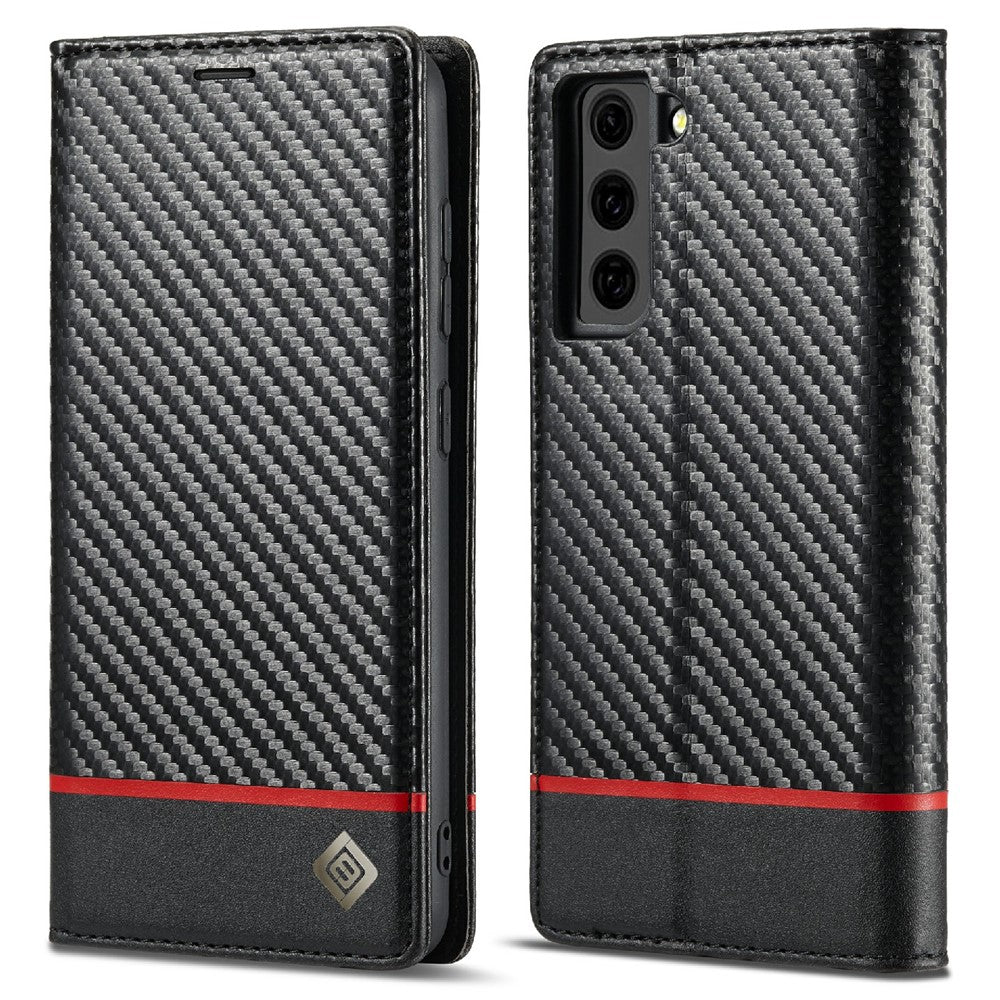 LC.IMEEKE Leather Case Carbon Fiber Pattern Phone Shell with Wallet for Samsung Galaxy S21+ 5G