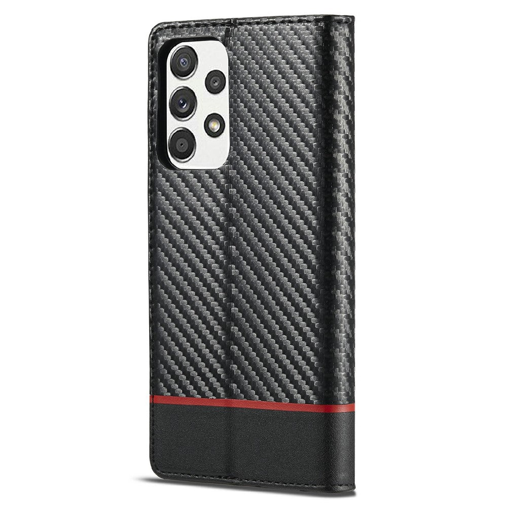 LC.IMEEKE Læder Flip Cover i Carbonfiber Design med Kortholder til Samsung Galaxy A72 4G/5G