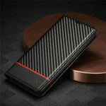 LC.IMEEKE Læder Flip Cover i Carbonfiber Design med Kortholder til Samsung Galaxy A72 4G/5G