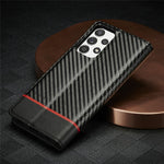 LC.IMEEKE Læder Flip Cover i Carbonfiber Design med Kortholder til Samsung Galaxy A72 4G/5G