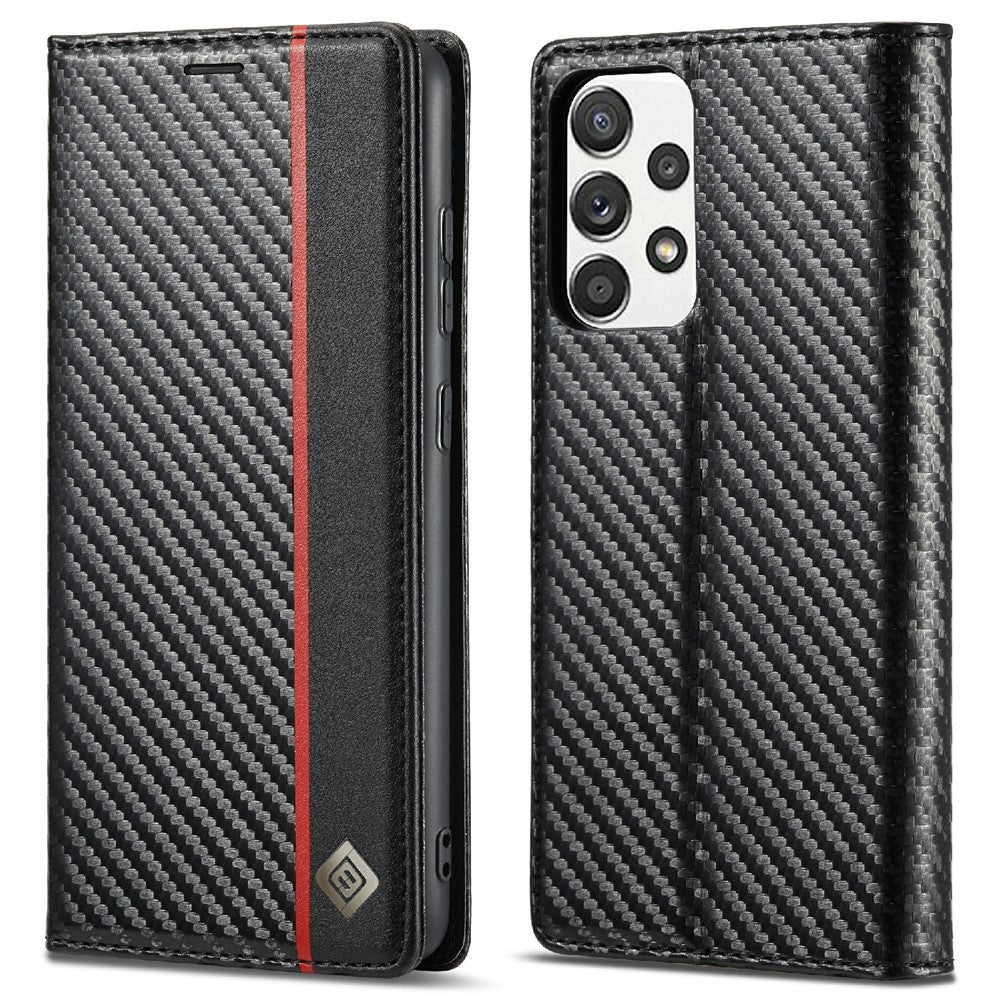 LC.IMEEKE Læder Flip Cover i Carbonfiber Design med Kortholder til Samsung Galaxy A72 4G/5G