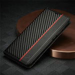 LC.IMEEKE Leather Case Carbon Fiber Pattern Phone Cover with Wallet Stand for Samsung Galaxy A22 5G (EU Version)