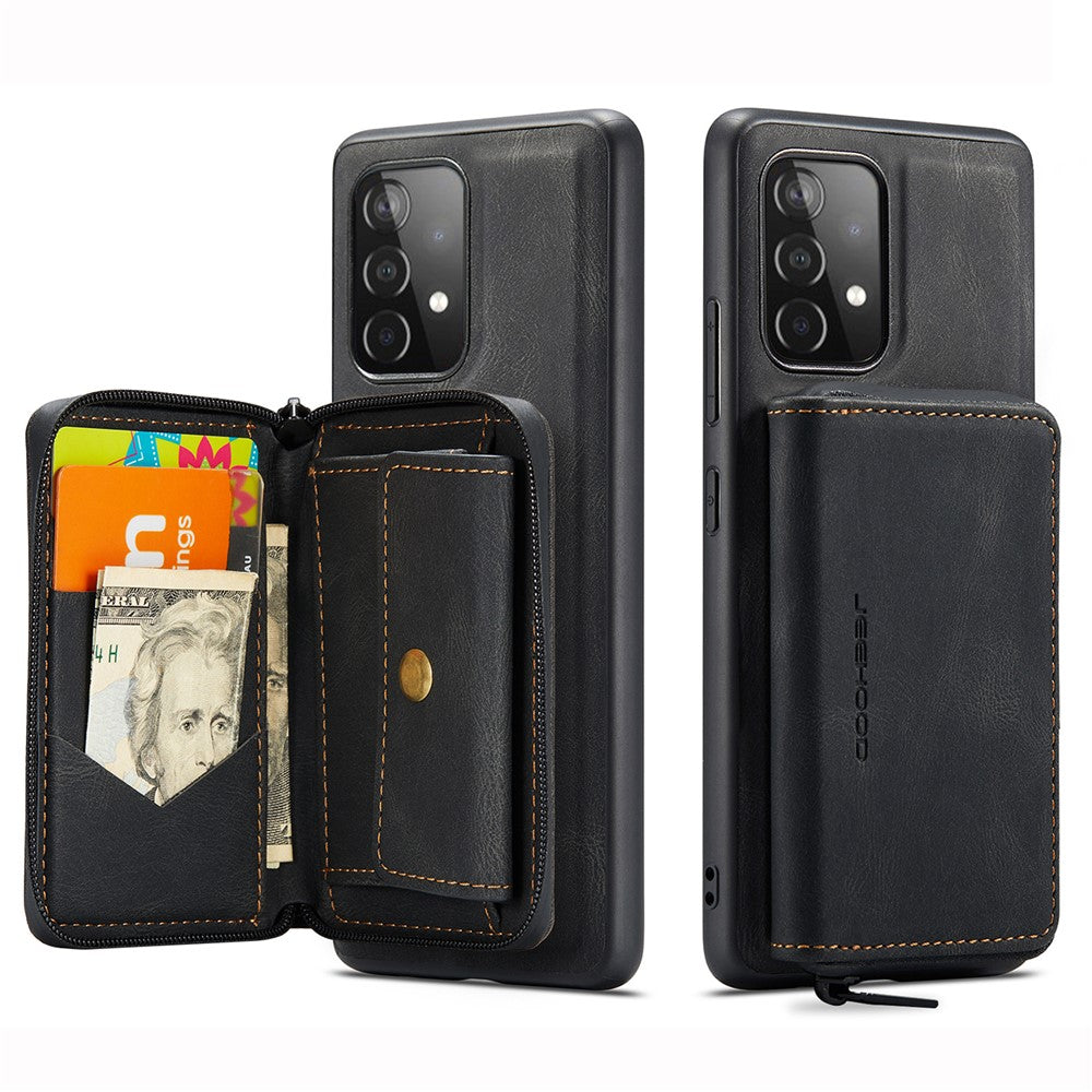 JEEHOOD Magnetisk aftageligt 2-i-1 tegnebogslæder hybrid cover med lynlås og støttefod til Samsung Galaxy A72 5G/4G