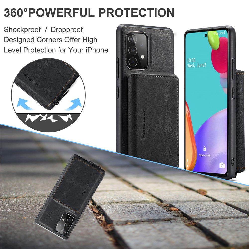 JEEHOOD Magnetisk aftageligt 2-i-1 tegnebogslæder hybrid cover med lynlås og støttefod til Samsung Galaxy A72 5G/4G