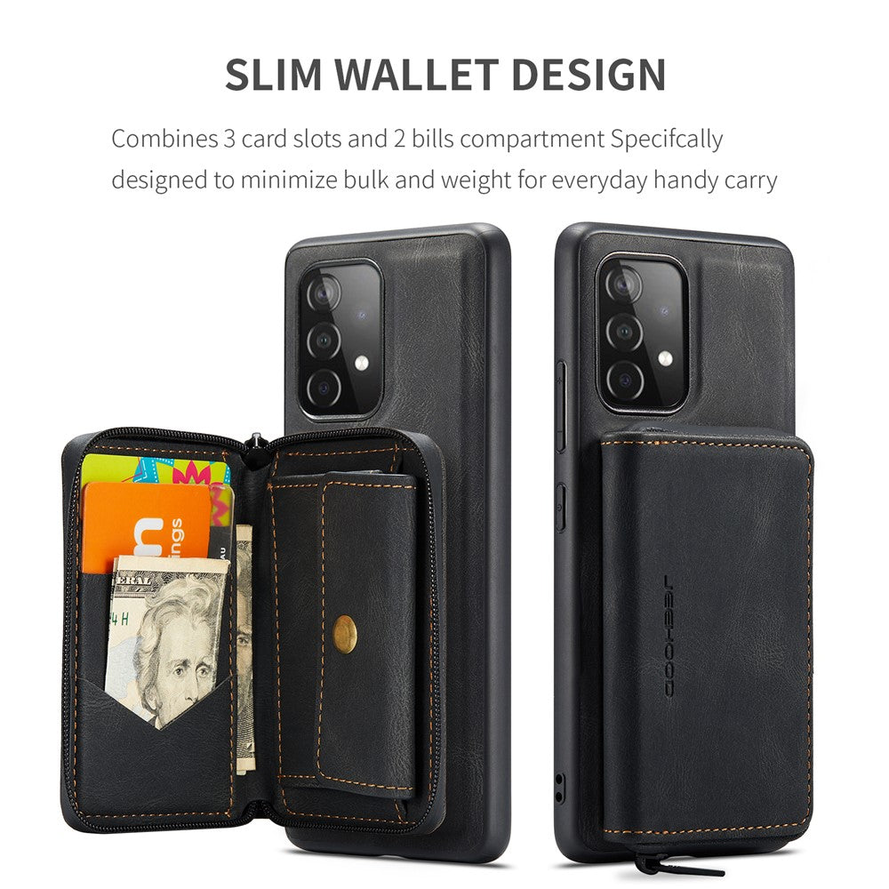 JEEHOOD Magnetisk aftageligt 2-i-1 tegnebogslæder hybrid cover med lynlås og støttefod til Samsung Galaxy A72 5G/4G