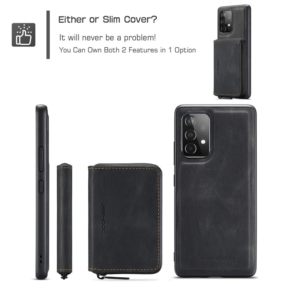 JEEHOOD Magnetisk aftageligt 2-i-1 tegnebogslæder hybrid cover med lynlås og støttefod til Samsung Galaxy A72 5G/4G
