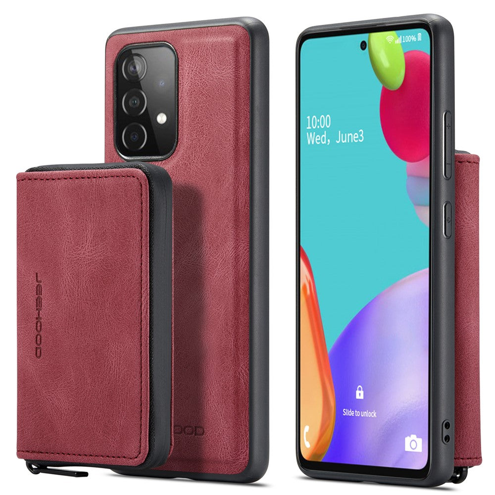 JEEHOOD Magnetisk aftageligt 2-i-1 tegnebogslæder hybrid cover med lynlås og støttefod til Samsung Galaxy A72 5G/4G