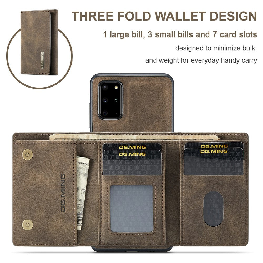 DG.MING M1 Series Phone Case PU + TPU + PC Back Cover with Magnetic Tri-Fold Wallet Kickstand for Samsung Galaxy S20 Plus