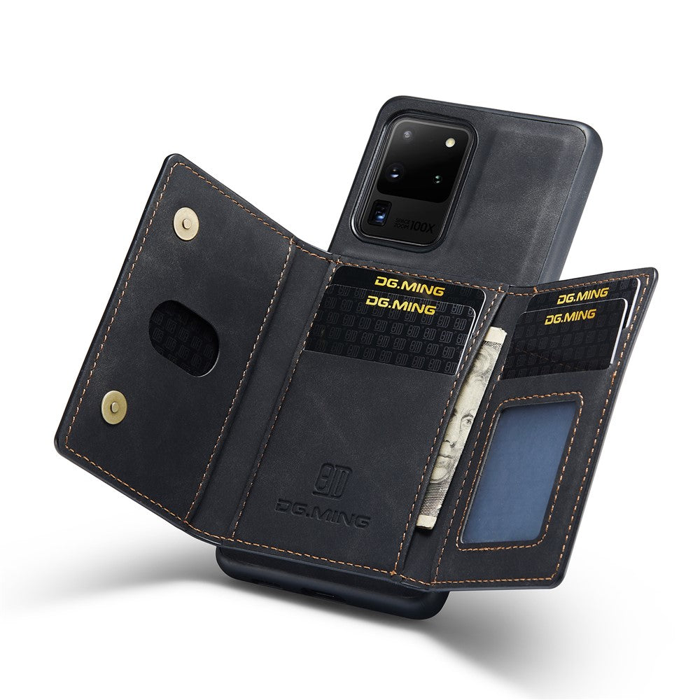 DG.MING M2 Series Tri-Fold Wallet Kickstand Design Magnetic Detachable Wireless Charging Hybrid Case for Samsung Galaxy S20 Ultra