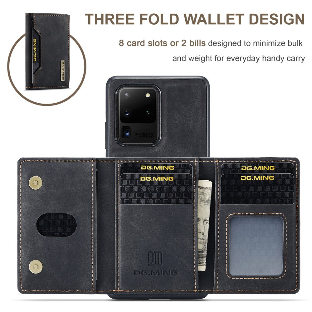 DG.MING M2-serien Tri-Fold Plånbok Stativdesign Magnetisk Avtagbar Trådlös Laddning Hybridskal för Samsung Galaxy S20 Ultra