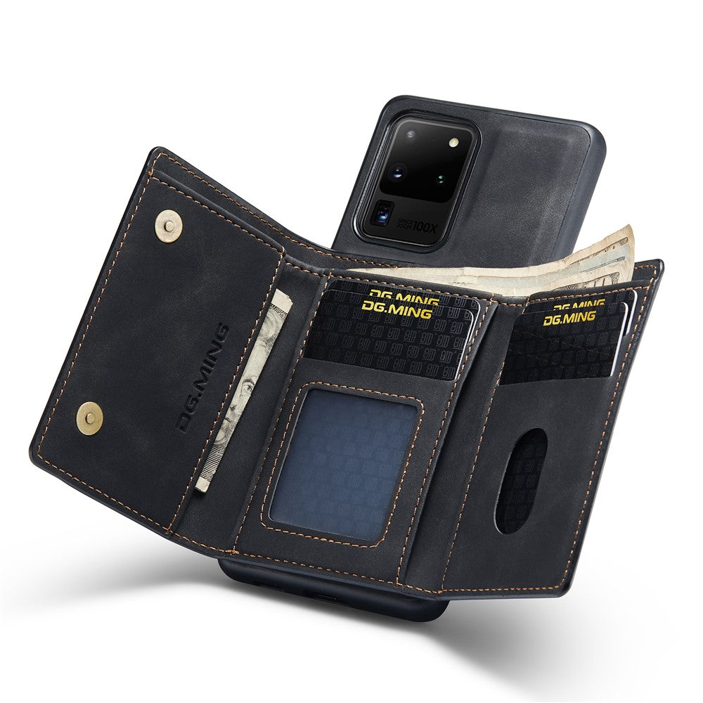 DG.MING M1 Series Phone Case PU + TPU + PC Back Cover with Magnetic Tri-Fold Wallet Kickstand for Samsung Galaxy S20 Ultra