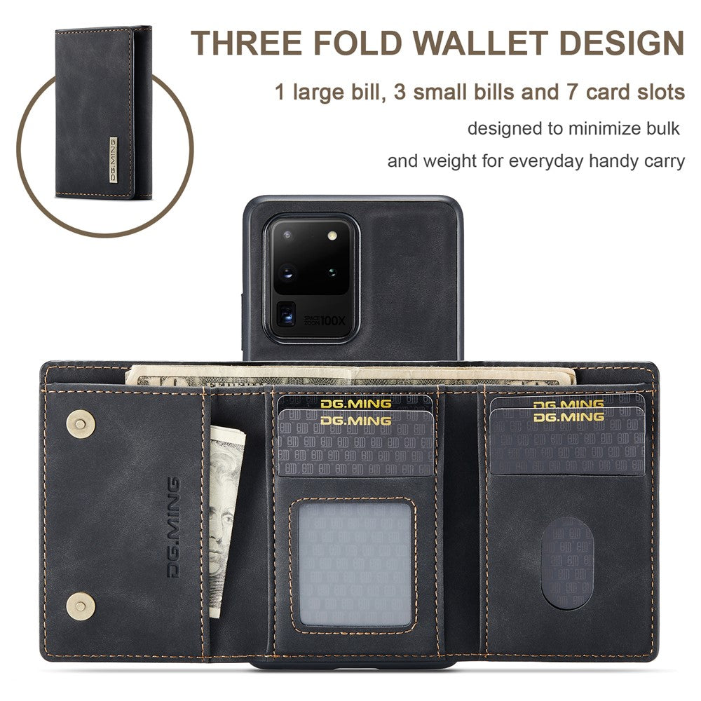 DG.MING M1 Series Phone Case PU + TPU + PC Back Cover with Magnetic Tri-Fold Wallet Kickstand for Samsung Galaxy S20 Ultra