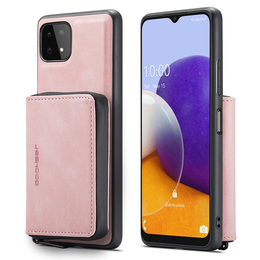JEEHOOD magnetisk, aftageligt 2-i-1-hybridcover med fuld beskyttelse og lynlås i tegnebogsetui til Samsung Galaxy A22 5G (EU-version)