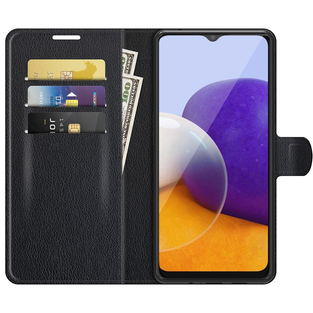 Folio Flip Litchi Skin Drop-Proof Leather Wallet Design Leather Case Stand Cover for Samsung Galaxy A22 5G (EU Version)