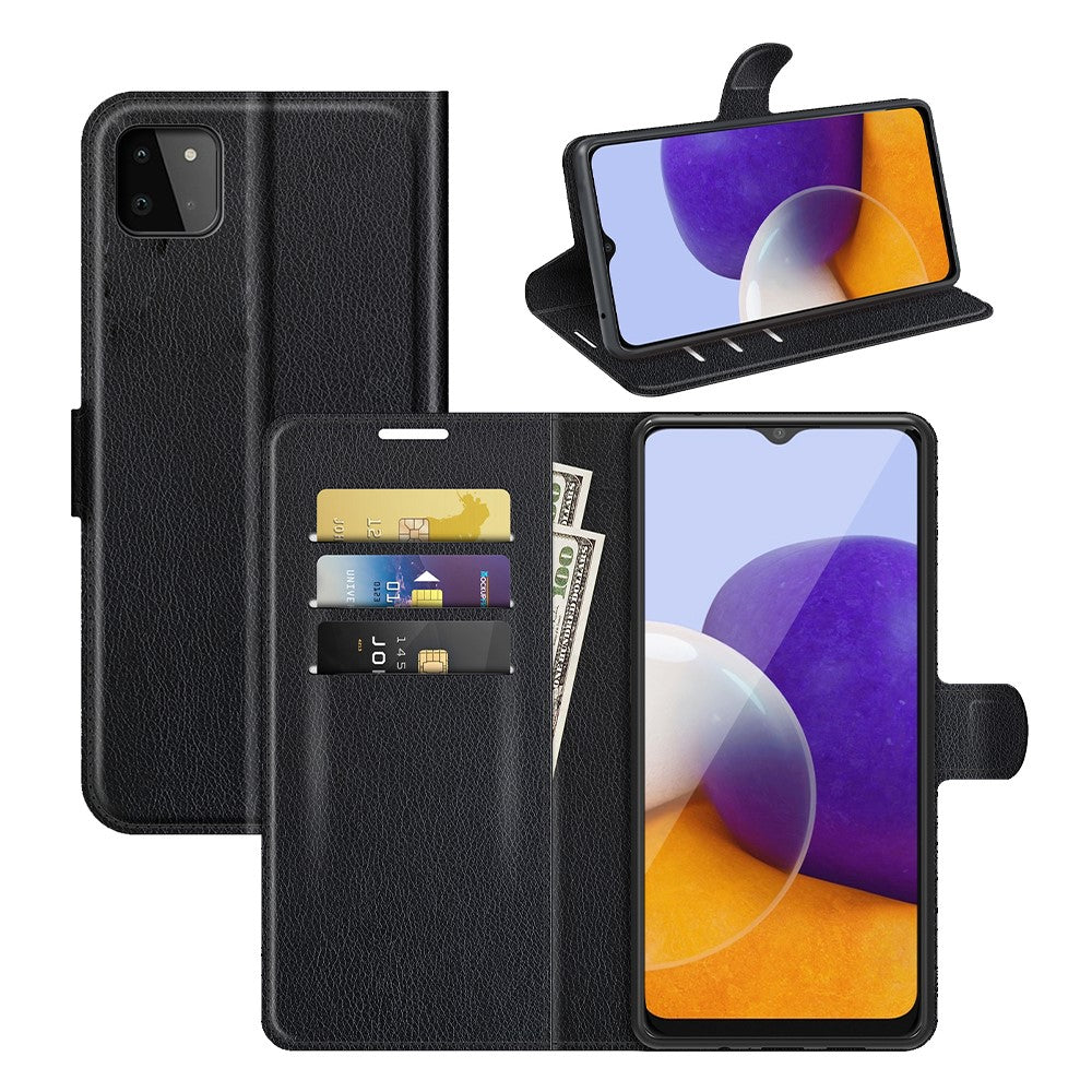 Folio Flip Litchi Skin Drop-Proof Leather Wallet Design Leather Case Stand Cover for Samsung Galaxy A22 5G (EU Version)