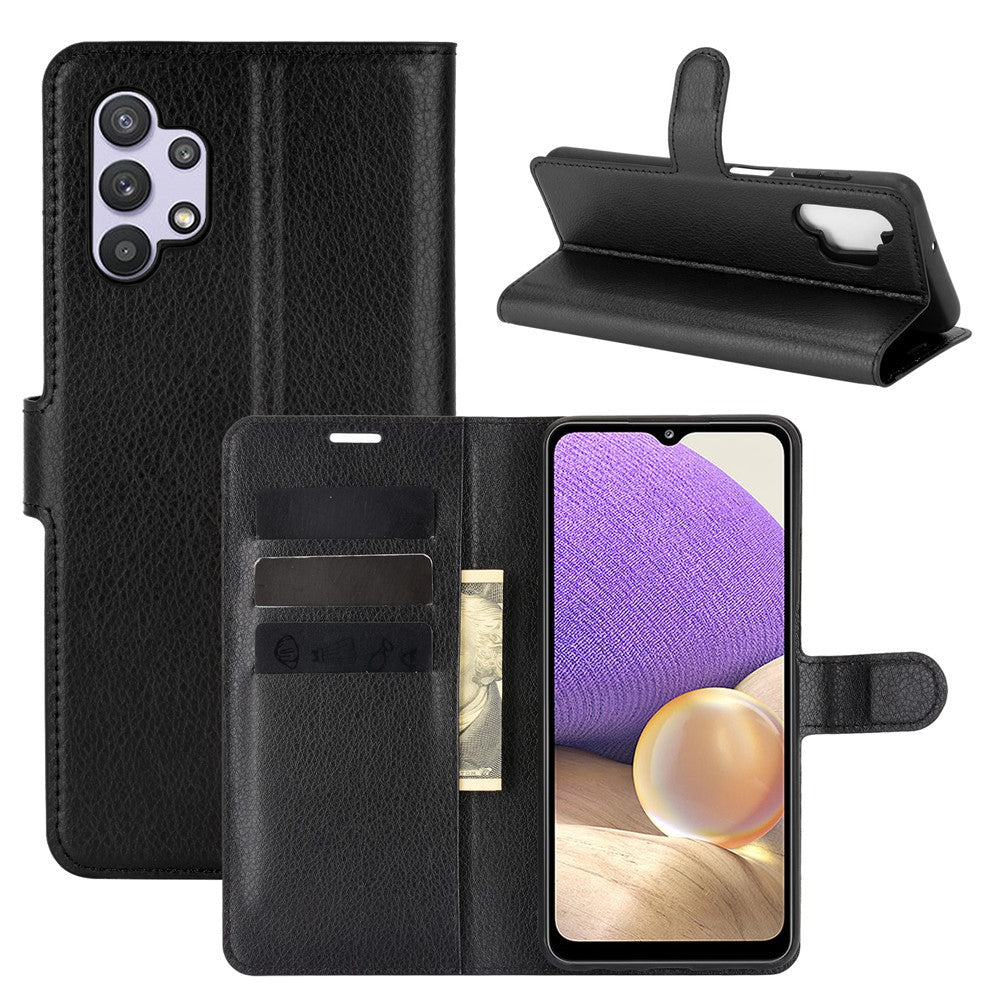 Folio Flip Anti-Scratch Litchi Skin Leather Mobile Phone Wallet Stand Cover Case for Samsung Galaxy A32 4G (EU Version)