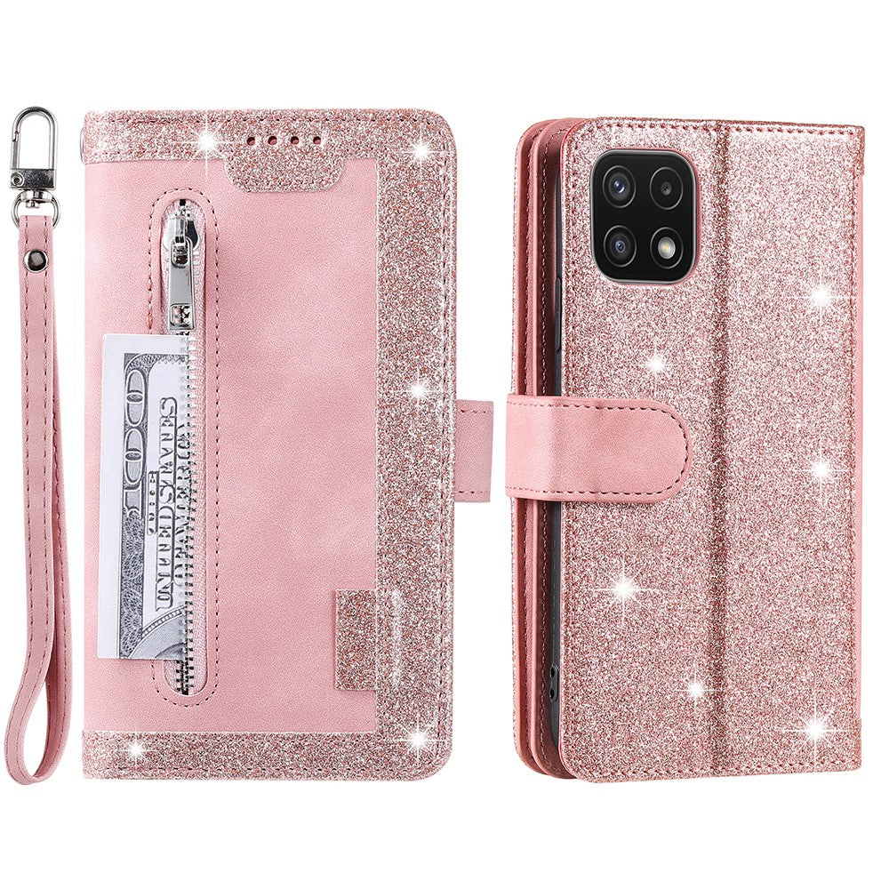 9 Card Slots PU Leather Cell Phone Stand Case Wallet Cover with Strap for Samsung Galaxy A22 5G (EU Version)