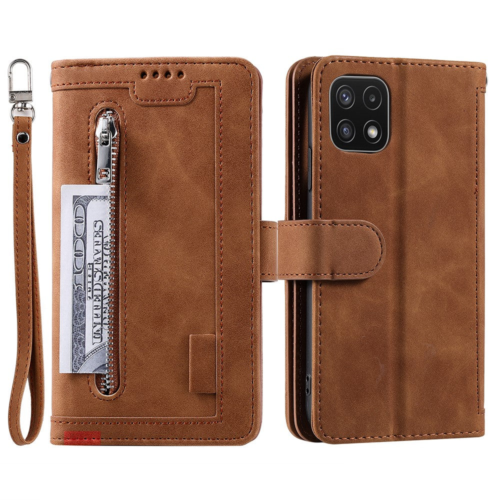 9 Card Slots PU Leather Cell Phone Stand Case Wallet Cover with Strap for Samsung Galaxy A22 5G (EU Version)