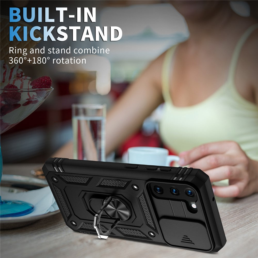 Stödjande 3-i-1 TPU-skyddsfodral Stötsäkert PC-skal med kamerareglage för Samsung Galaxy S21 5G/4G