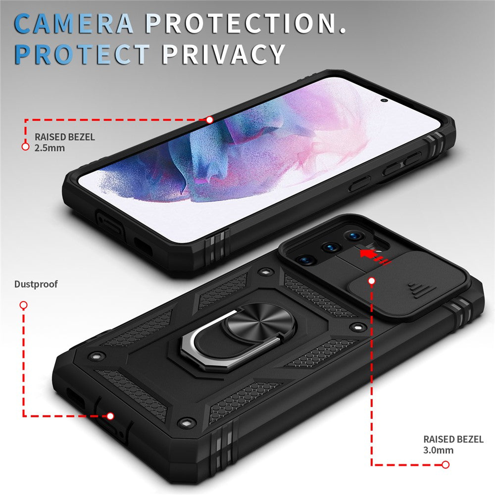 Stödjande 3-i-1 TPU-skyddsfodral Stötsäkert PC-skal med kamerareglage för Samsung Galaxy S21 5G/4G