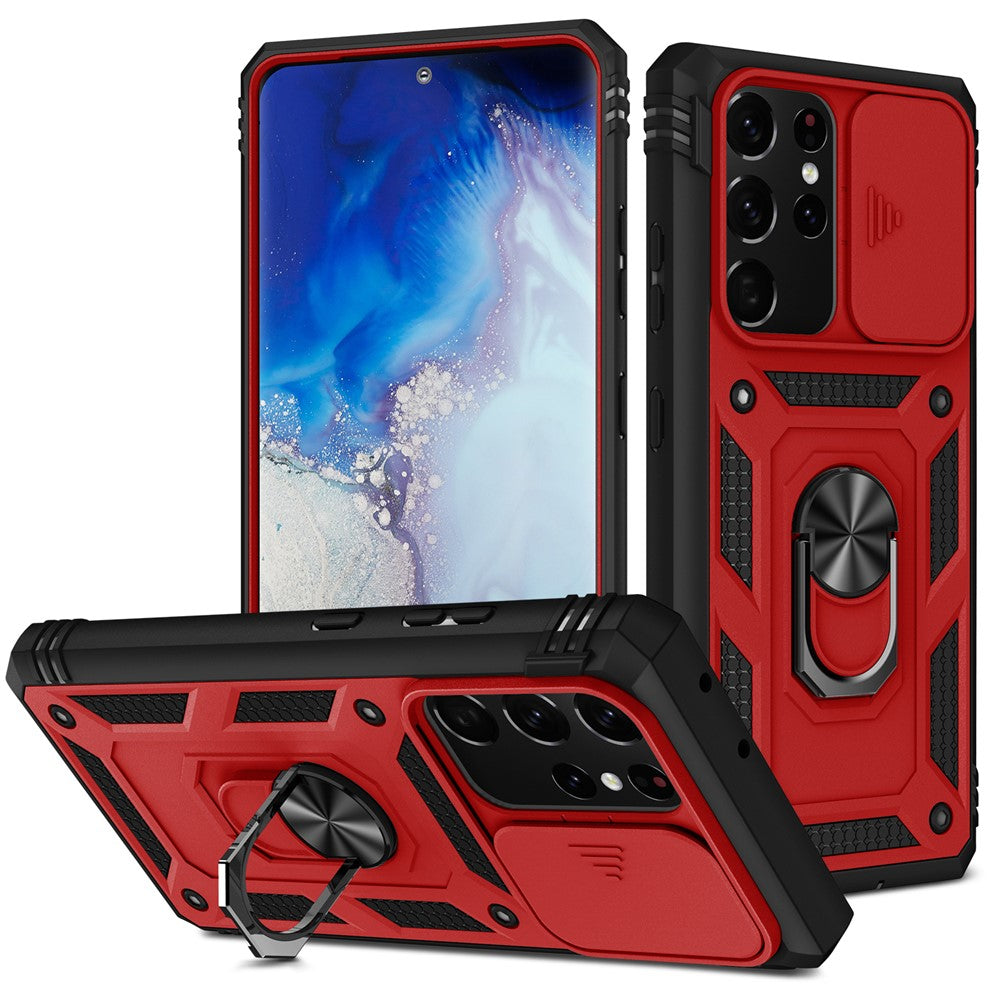 Kamerasliderdesign Fallskyddande Stötsäkert Hårt PC-skydd Mjukt TPU-mobilskal med Metallstöd för Samsung Galaxy S21 Ultra 5G