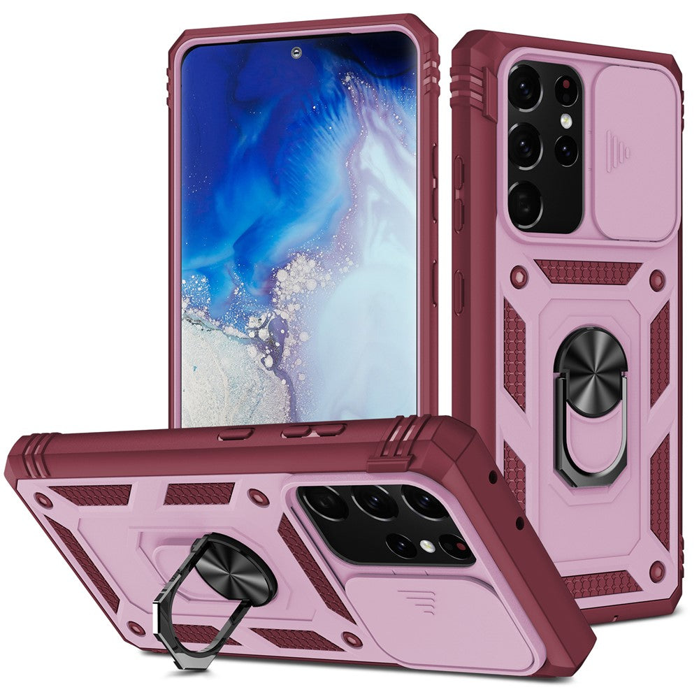 Kamerasliderdesign Fallskyddande Stötsäkert Hårt PC-skydd Mjukt TPU-mobilskal med Metallstöd för Samsung Galaxy S21 Ultra 5G