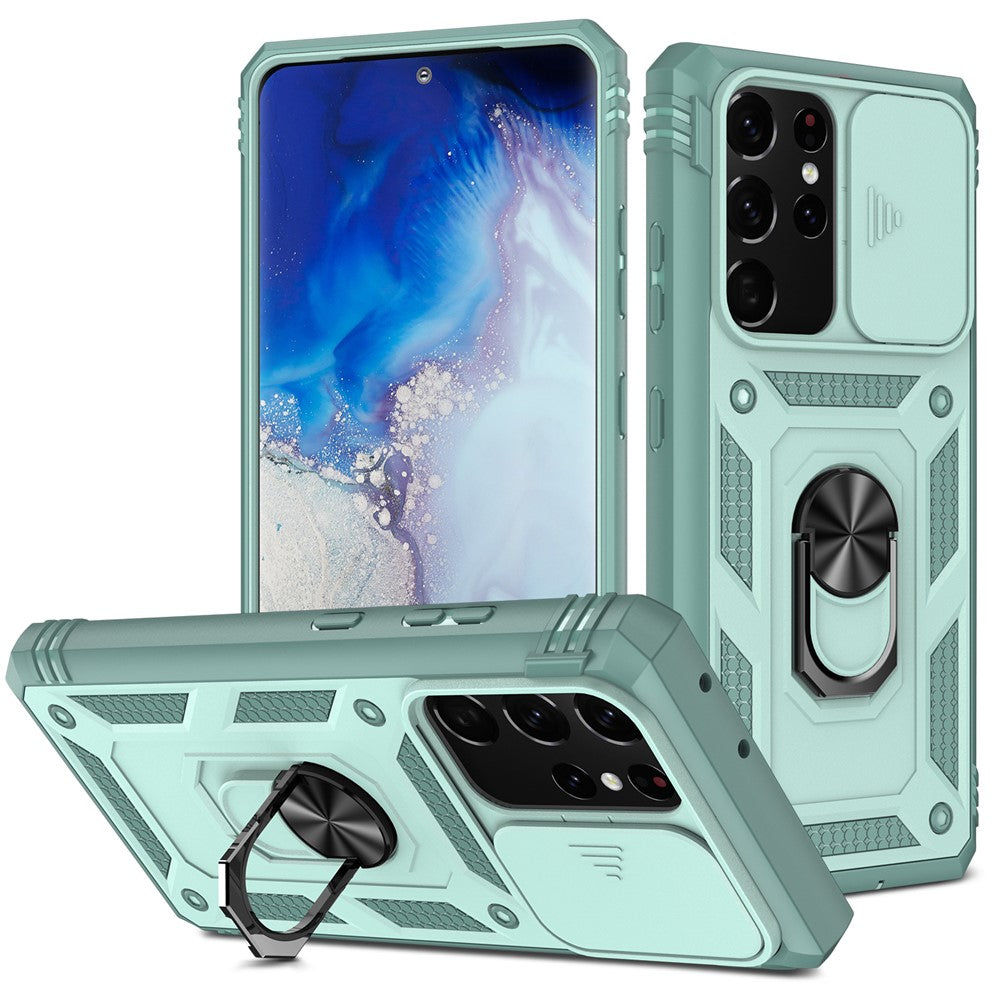 Kamerasliderdesign Fallskyddande Stötsäkert Hårt PC-skydd Mjukt TPU-mobilskal med Metallstöd för Samsung Galaxy S21 Ultra 5G