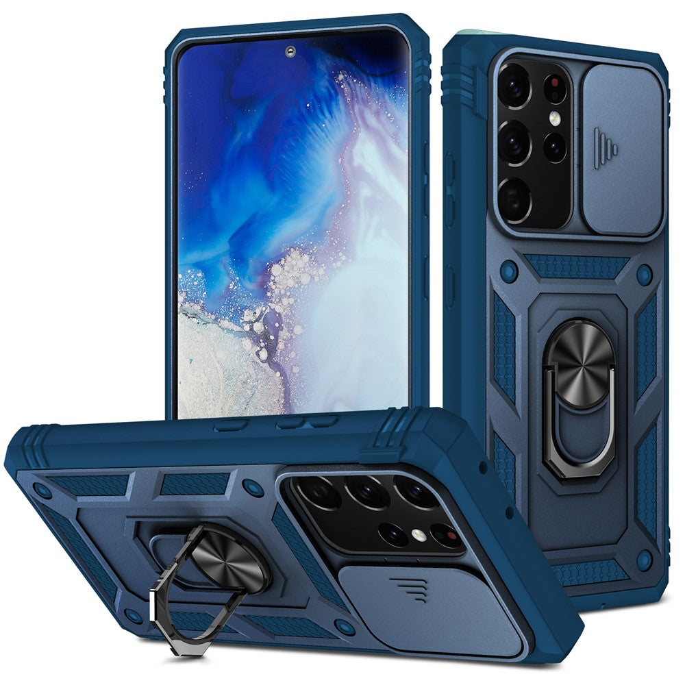 Kamerasliderdesign Fallskyddande Stötsäkert Hårt PC-skydd Mjukt TPU-mobilskal med Metallstöd för Samsung Galaxy S21 Ultra 5G