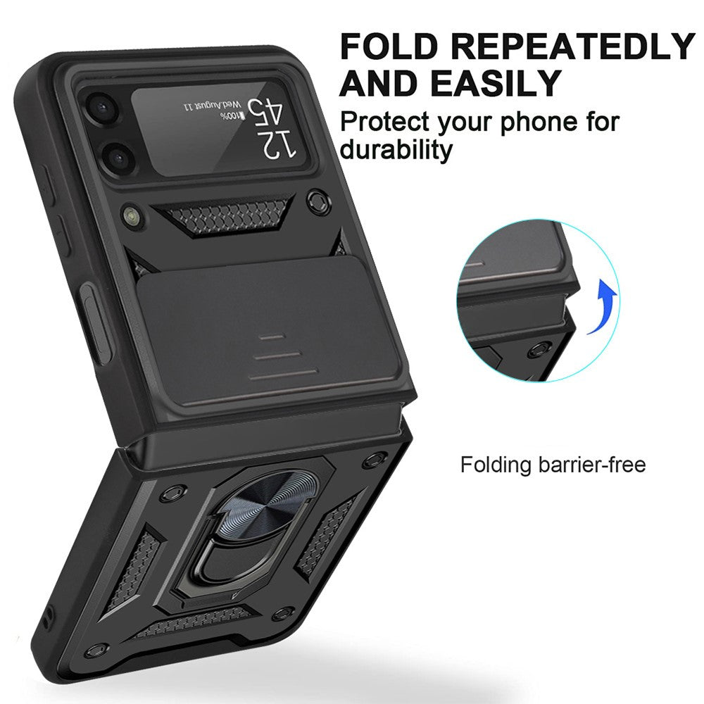 Camera Slide Cover Protective Phone Case Shell with Ring Holder Kickstand for Samsung Galaxy Z Flip3 5G