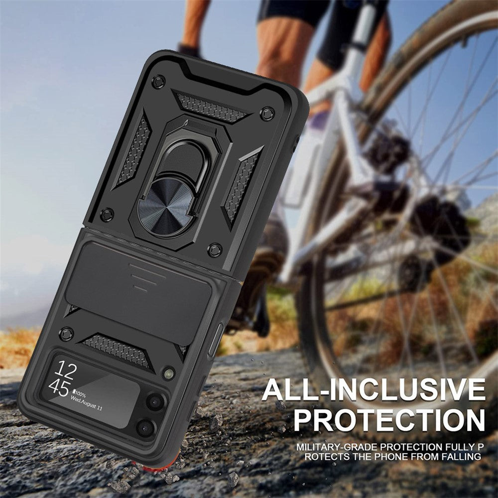 Camera Slide Cover Protective Phone Case Shell with Ring Holder Kickstand for Samsung Galaxy Z Flip3 5G