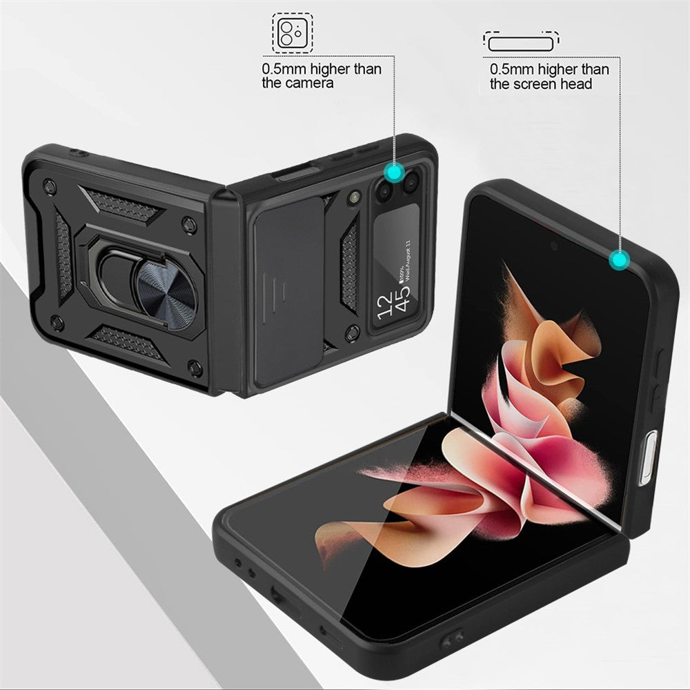 Camera Slide Cover Protective Phone Case Shell with Ring Holder Kickstand for Samsung Galaxy Z Flip3 5G