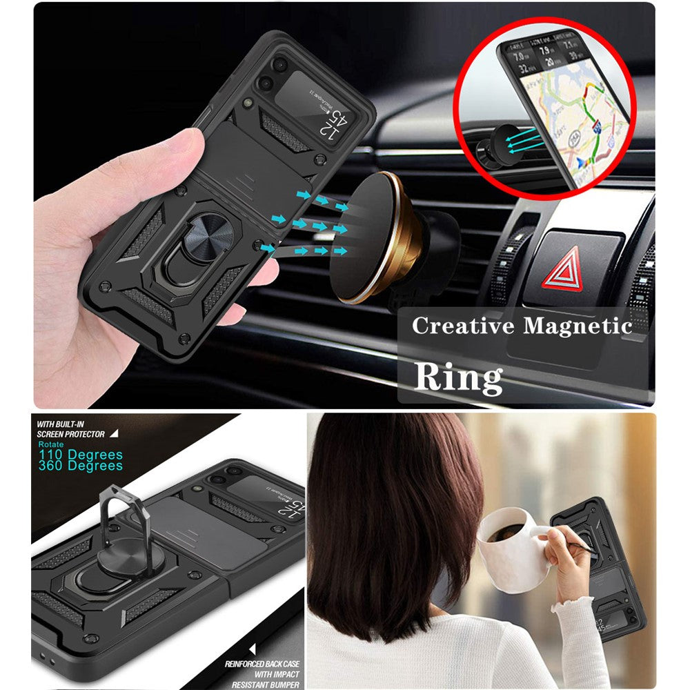 Camera Slide Cover Protective Phone Case Shell with Ring Holder Kickstand for Samsung Galaxy Z Flip3 5G
